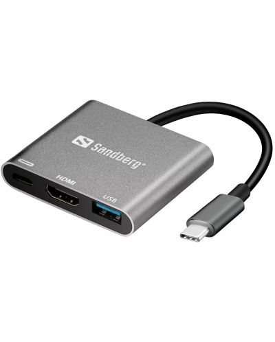 Докинг станция Sandberg - Mini Dock HDMI+USB, 3 порта, USB-C, сива - 1