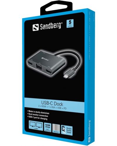 Докинг станция Sandberg - USB-C Dock, 5 порта, USB-C, черна - 2