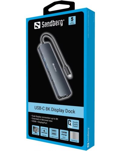 Докинг станция Sandberg - USB-C 8K Display Dock, 6 порта, сива - 3