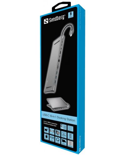 Докинг станция Sandberg - 10 в 1, USB-C, сребриста - 3
