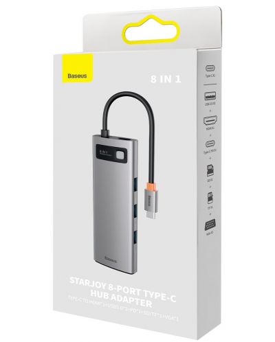 Докинг станция Baseus - Metal Gleam, 8 порта, USB-C, сива - 5