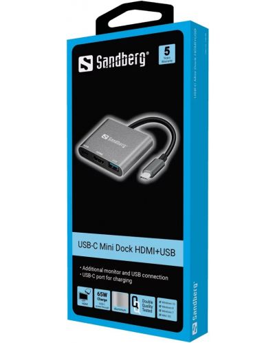 Докинг станция Sandberg - Mini Dock HDMI+USB, 3 порта, USB-C, сива - 2