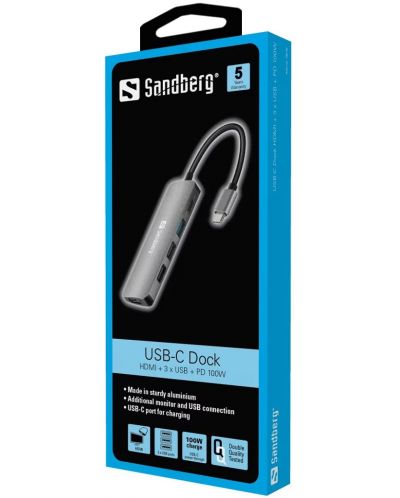 Докинг станция Sandberg  - USB-C Dock, HDMI+3xUSB+PD, 5 порта, USB-C, сива - 2