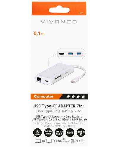 Докинг станция Vivanco - 45399, 7 порта, USB-C, бяла - 2