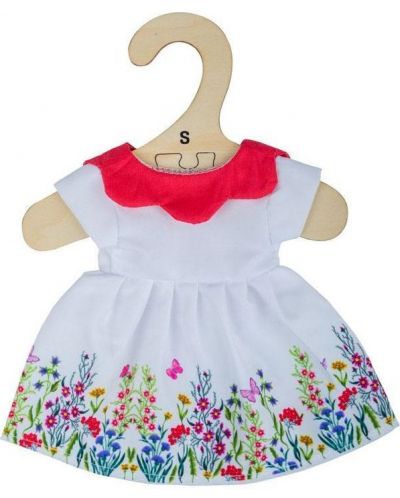 Дреха за кукла Bigjigs - Бяла рокля с цветя и червена яка, 25 cm - 1