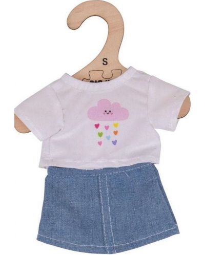 Дреха за кукла Bigjigs - Бяла тениска и дънкова пола, 25 cm - 1