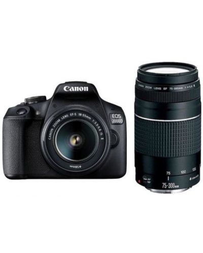 DSLR фотоапарат Canon - EOS 2000D, EF-S18-55mm, EF 75-300mm, черен - 1
