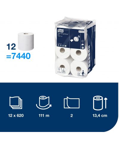Двупластова тоалетна хартия Tork - SmartOne Mini Advanced, T9, 12 х 620 листа - 3
