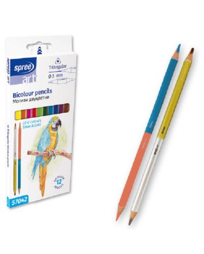 Двуцветни моливи SpreeArt - Триъгълни, Ø 3 mm, 12 х 2 броя - 1