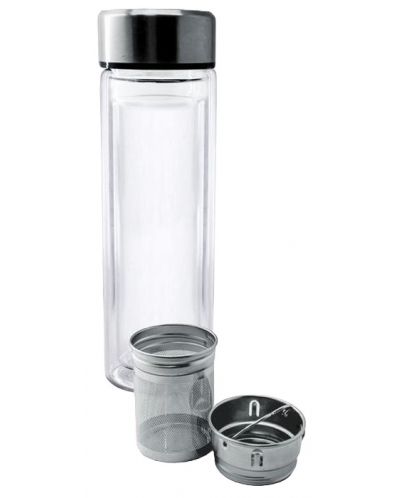 Двустенна стъклена бутилка Nerthus - С инфузер и неопренов протектор, 350 ml - 2