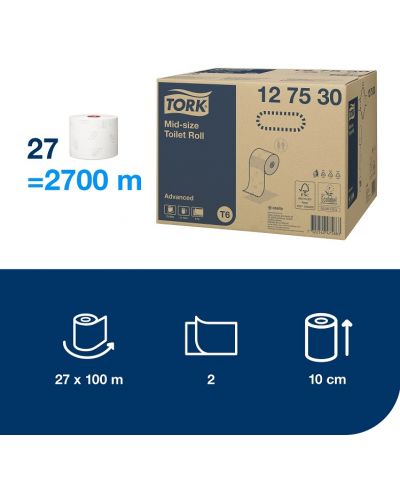 Двупластова тоалетна хартия Tork - Mid-size Advanced, T6, 27 х 100 m - 3