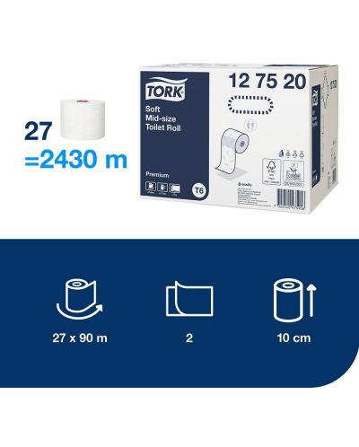 Двупластова тоалетна хартия Tork - Soft Mid-size Premium, T6, 27 х 90 m - 4