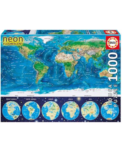 Неонов пъзел Educa от 1000 части - Световна карта - 1