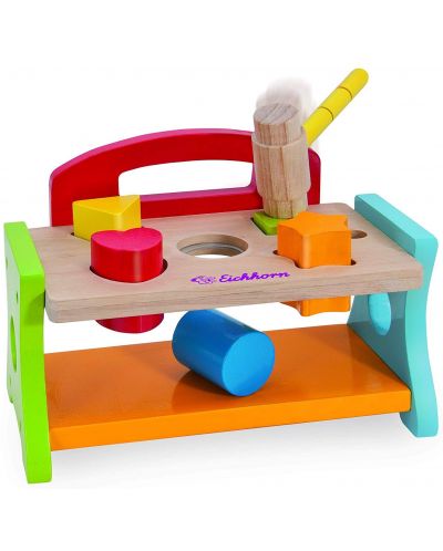 Дървена играчка Eichhorn - Сортер, чукче и цветни фигури - 1