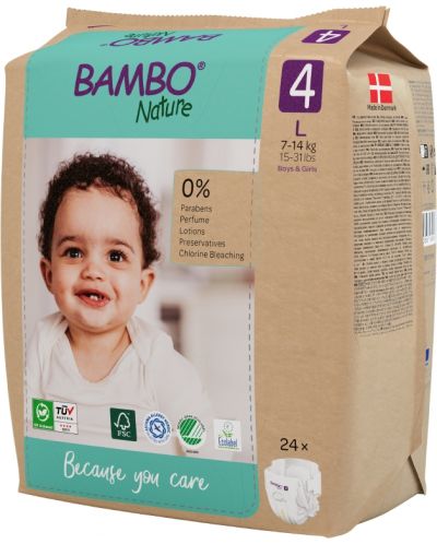 Еко пелени за еднократна употреба Bambo Nature - Размер 4, L, 7-14 kg, 24 броя, хартиена опаковка - 5