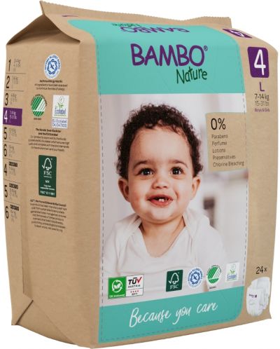 Еко пелени за еднократна употреба Bambo Nature - Размер 4, L, 7-14 kg, 24 броя, хартиена опаковка - 4