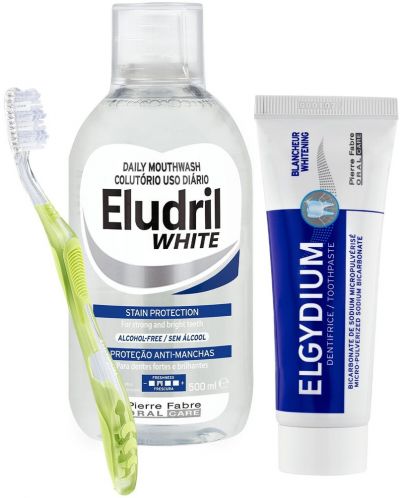 Elgydium & Eludril Комплект - Избелваща паста и Вода за уста, 50 + 500 ml + Четка за зъби, Medium - 1