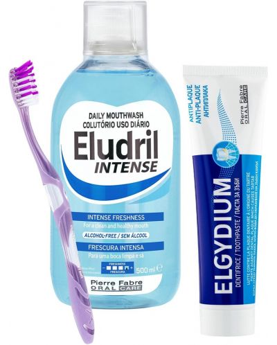 Elgydium & Eludril Комплект - Антиплакова паста и Вода за уста, 100 + 500 ml + Четка за зъби, Soft - 1