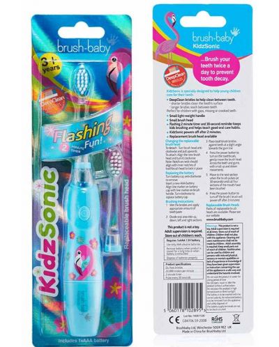 Електрическа четка за зъби Brush Baby - Kidzsonic,Фламинго, с батерии и 2 накрайника - 2