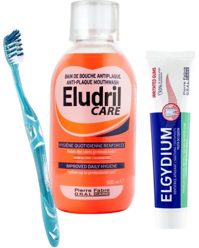 Elgydium & Eludril Комплект - Успокояваща паста и Антиплакова вода, 75 + 500 ml + Четка за зъби, Medium - 1