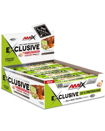 Exclusive Protein Bar, карамел и шамфъстък, 12 броя, Amix - 1