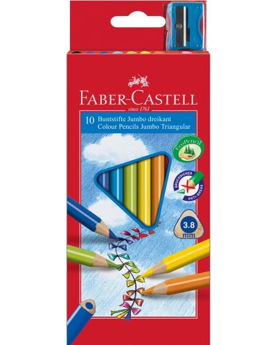 Цветни моливи Faber-Castell - Jumbo Triangular, 10 цвята, с острилка - 1
