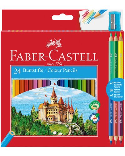 Цветни моливи Faber-Castell - Замък, 24+6 цвята, с острилка - 1