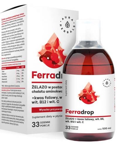 Ferradrop Желязо + Фолиева киселина с витамини С, В6 и В12, 500 ml, Aura Herbals - 1
