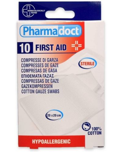 First Aid Стерилни памучни марли, 20 х 20 cm, 10 броя, Pharmadoct - 1