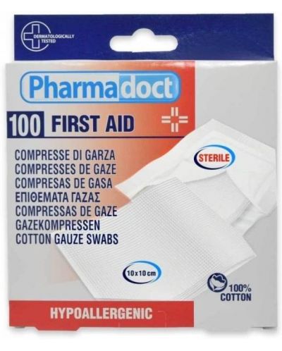 First Aid Стерилни памучни марли, 10 х 10 cm, 100 броя, Pharmadoct - 1