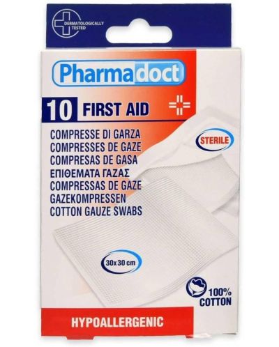 First Aid Стерилни памучни марли, 30 х 30 cm, 10 броя, Pharmadoct - 1