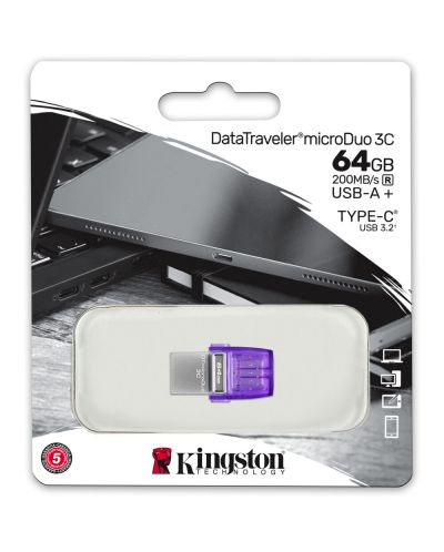 Флаш памет Kingston - DT microDuo 3C, 64GB, USB-A/C, лилава - 3