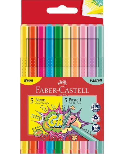 Флумастери Faber-Castell Grip - 5 цвята неон и 5 цвята пастел - 1