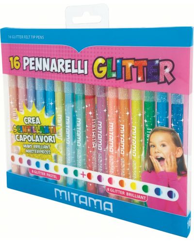 Флумастери Mitama - Glitter, 16 цвята - 1