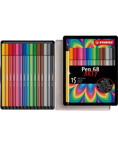 Флумастери Stabilo Arty - Pen 68, 15 цвята, метална кутия - 3