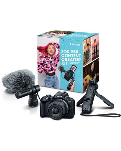 Фотоапарат Canon - EOS R50 Content Creator Kit, Black + Обектив Canon - RF-S, 10-18mm, f/4.5-6.3, IS STM - 2