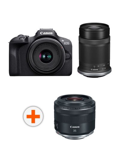 Фотоапарат Canon - EOS R100, RF-S 18-45mm f/4.5-6.3 IS STM, RF-S 55-210mm f/5-7.1 IS STM,Black + Обектив Canon - RF 35mm f/1.8 IS Macro STM - 1