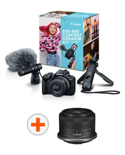 Фотоапарат Canon - EOS R50 Content Creator Kit, Black + Обектив Canon - RF-S, 10-18mm, f/4.5-6.3, IS STM - 1
