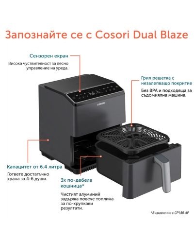 Фритюрник с горещ въздух Cosori - Dual Blaze XXXL, 1750W, 6.4 l, черен - 7