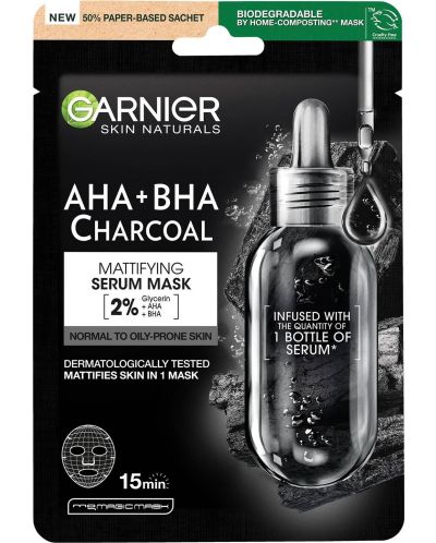 Garnier Skin Naturals Матиращa лист маска AHA + BHA Charcoal, 28 g - 1