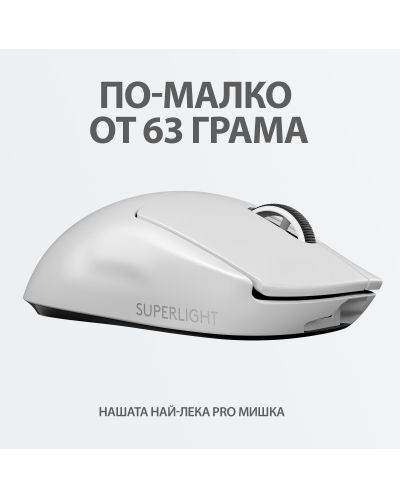 Гейминг мишка Logitech - PRO X SUPERLIGHT, оптична, безжична, бяла - 4