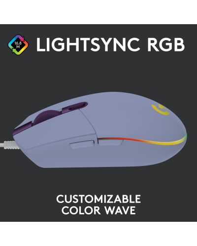Гейминг мишка Logitech - G102 Lightsync, оптична, RGB, лилава - 3