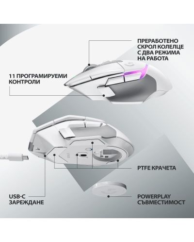 Гейминг мишка Logitech - G502 X Plus EER2, оптична, безжична, бяла - 7