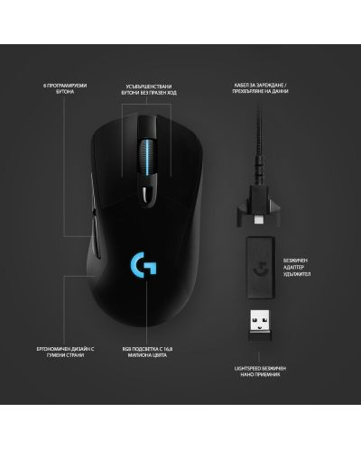 Гейминг мишка Logitech - G703 Lightspeed Hero, оптична, безжична, черна - 3