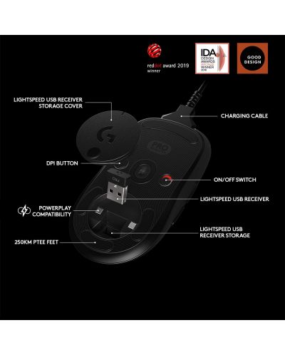 Гейминг мишка Logitech - G Pro, оптична, безжична, черна - 6
