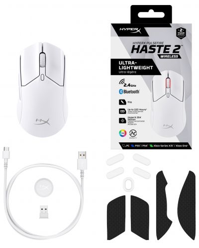 Гейминг мишка HyperX - Pulsefire Haste 2, оптична, безжична, бяла - 8