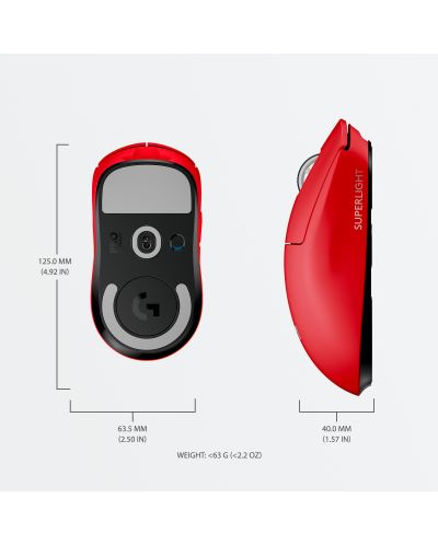 Гейминг мишка Logitech - Pro X Superlight, оптична, безжична, червена - 8