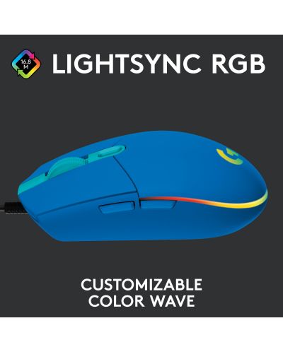 Гейминг мишка Logitech - G102 Lightsync, оптична, RGB, синя - 3