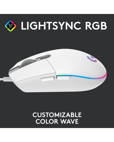 Гейминг мишка Logitech - G102 Lightsync, оптична, RGB, бяла - 3