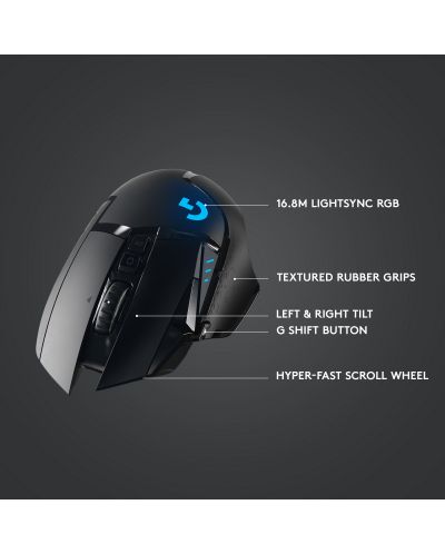 Гейминг мишка Logitech - G502 LightSpeed, оптична, безжична, черна - 6